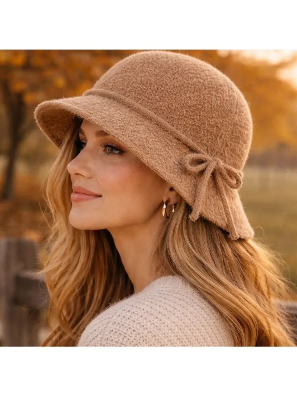 Arianna By Howards Fuzzy Cloche Hat Camel Brown Bow Winter Fall Cozy Boutique